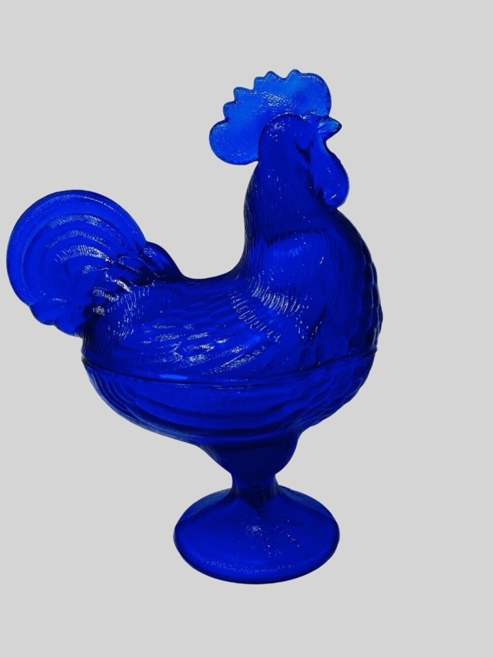 Vintage L.E. Smith Cobalt Blue Glass Rooster Covered Candy Dish 8.5” X 7”